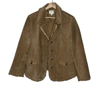 J. Jill Womens Petite Large Brown Genuine Leather Suede Ruffle Trim Jacket Coat